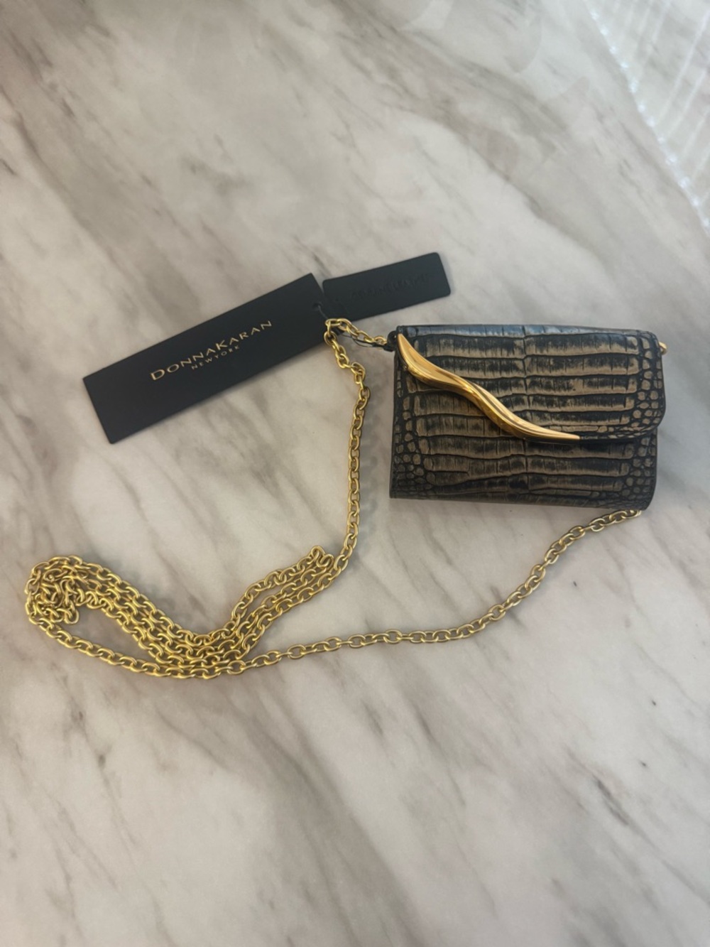 NWT Donna Karan Black Croc-Embossed Crossbody Wallet with Gold Chain